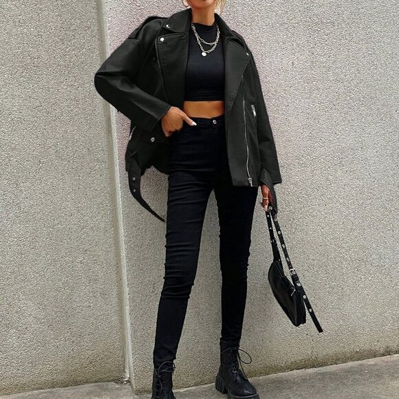 Black Casual Women's Zip Up Flap Detail Belted Moto Jacket - Picture 4 of 6